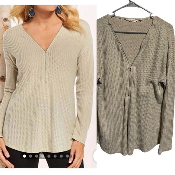 Soft Surroundings- Waffle Knit Oatmeal Zen Zip Front Blouse, Size XL - Picture 1 of 12
